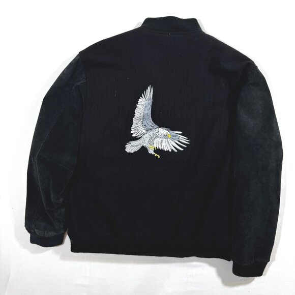 Vtg Varsity Bomber Jacket Eagle Embroidered Black Suede Wool 42 44 L Y2K Retro - Picture 1 of 14